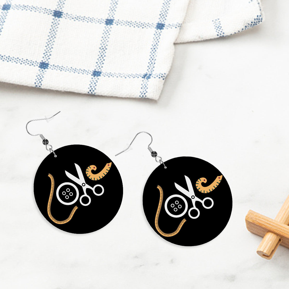 Circle Drop Leather Earrings with " Love Sewing" design, the perfect gifts for people who love to sew