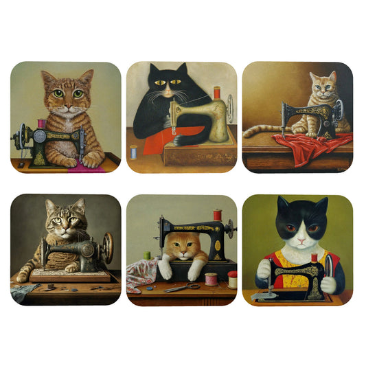  A Set of 6 Leather Coasters with "Sewing Cat" Graphic - The Perfect Gift for People who Love to Sew