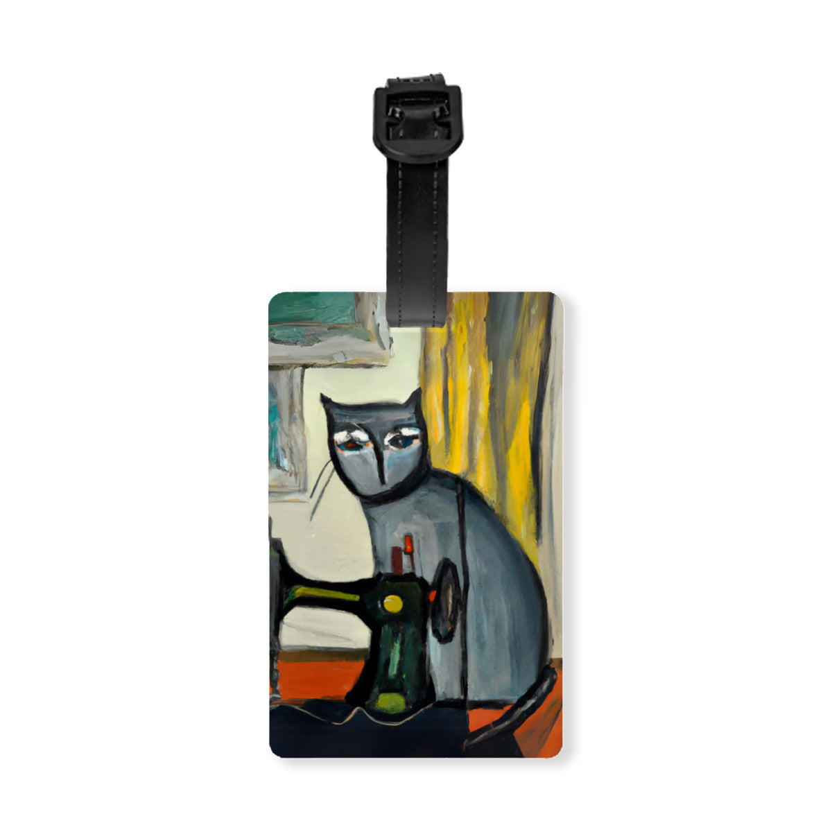 Luggage Tag with "Sewing Cat" design, the ideal gift for people who love to sew, cat lovers, and travelers.