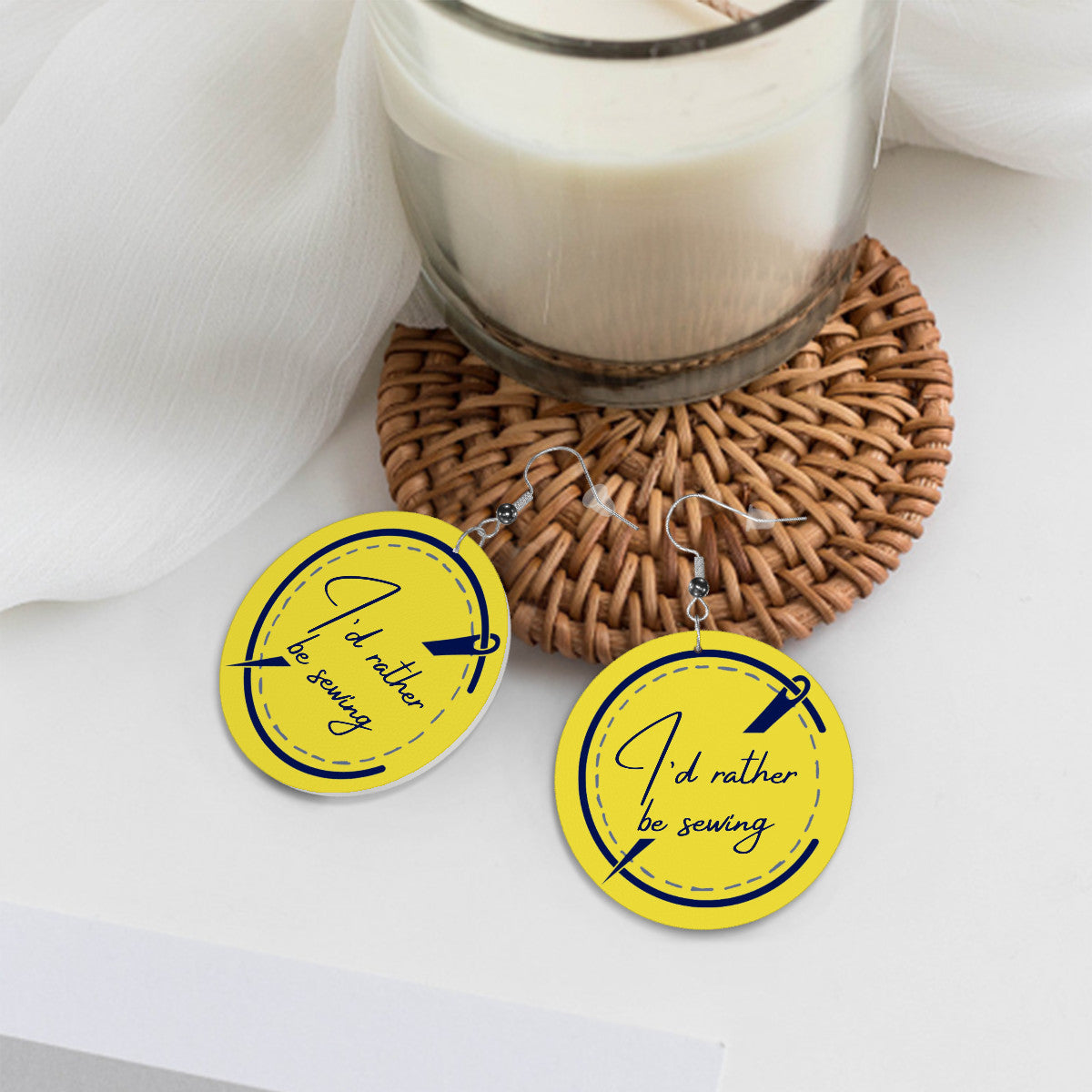 Circle Drop Earrings with "I'd Rather be Sewing" design – The Perfect Gift for People who Love to Sew