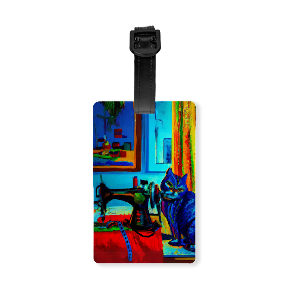 Luggage Tag with "Sewing Cat" design, the ideal gift for people who love to sew, cat lovers, and travelers.