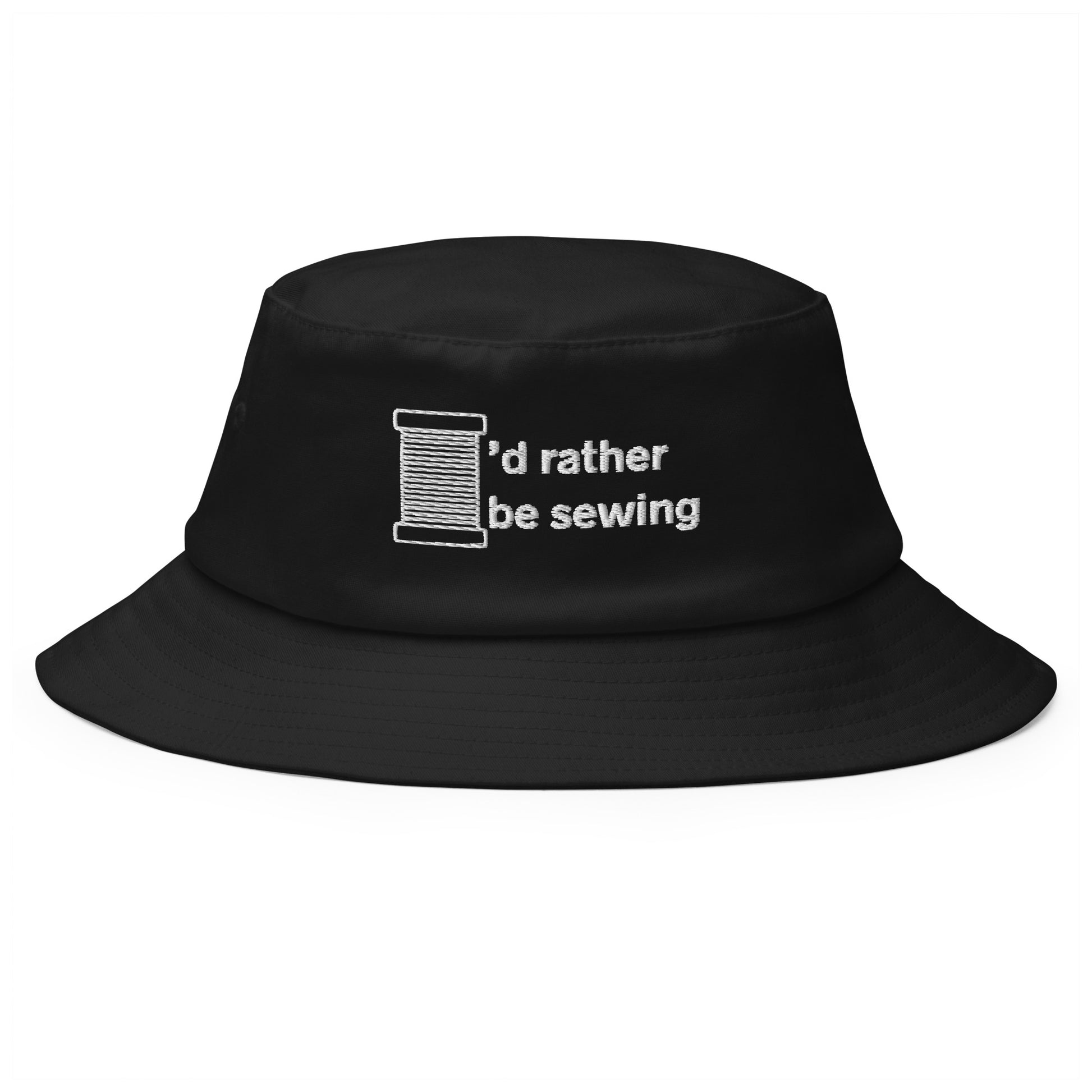 Black Bucket Hat with "I'd rather be sewing" design, the perfect gift for people who sew