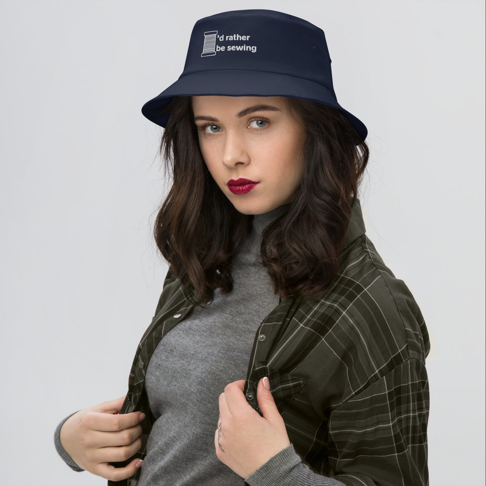 Navy Bucket Hat with "I'd rather be sewing" design, the perfect gift for people who sew