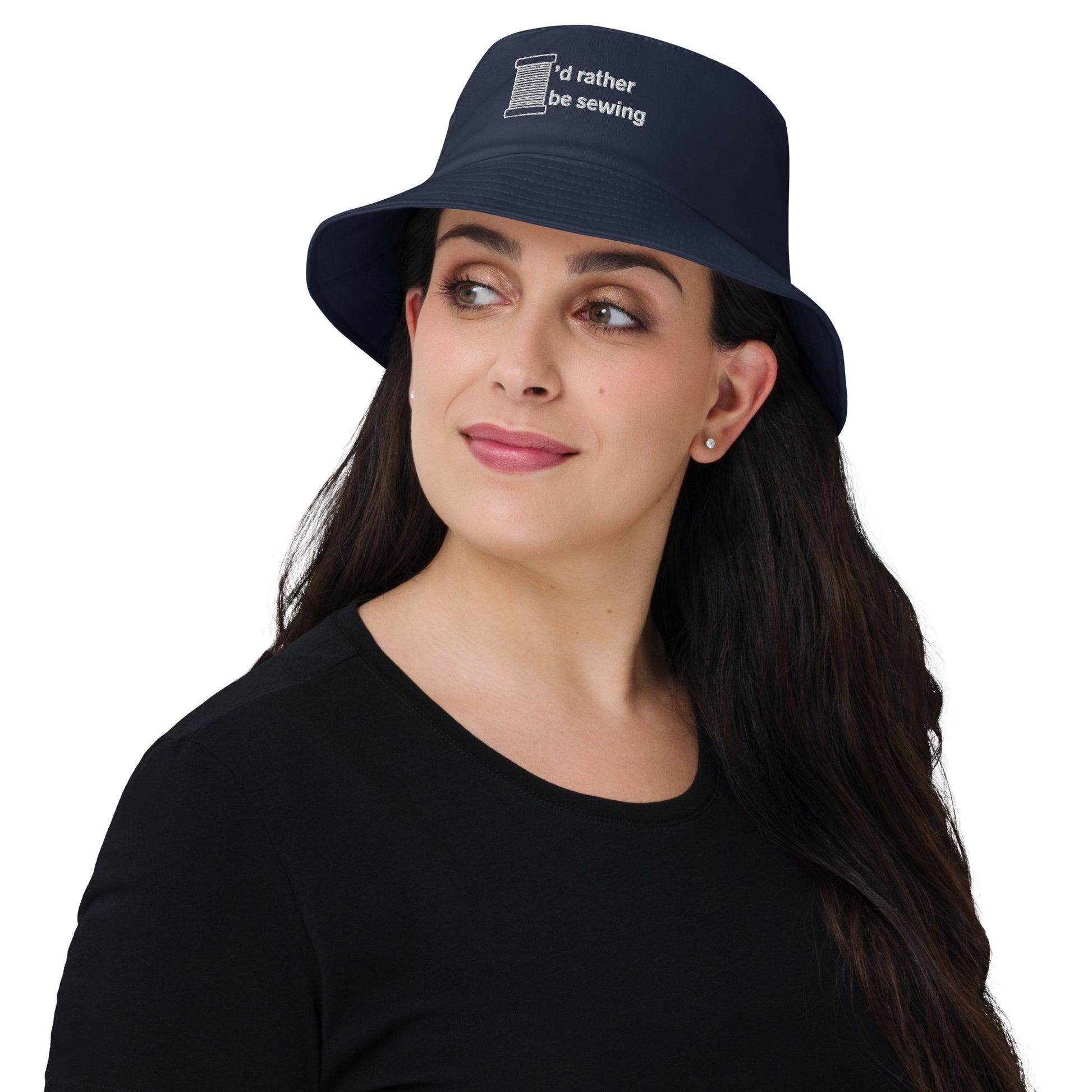 Navy Bucket Hat with "I'd rather be sewing" design, the perfect gift for people who sew