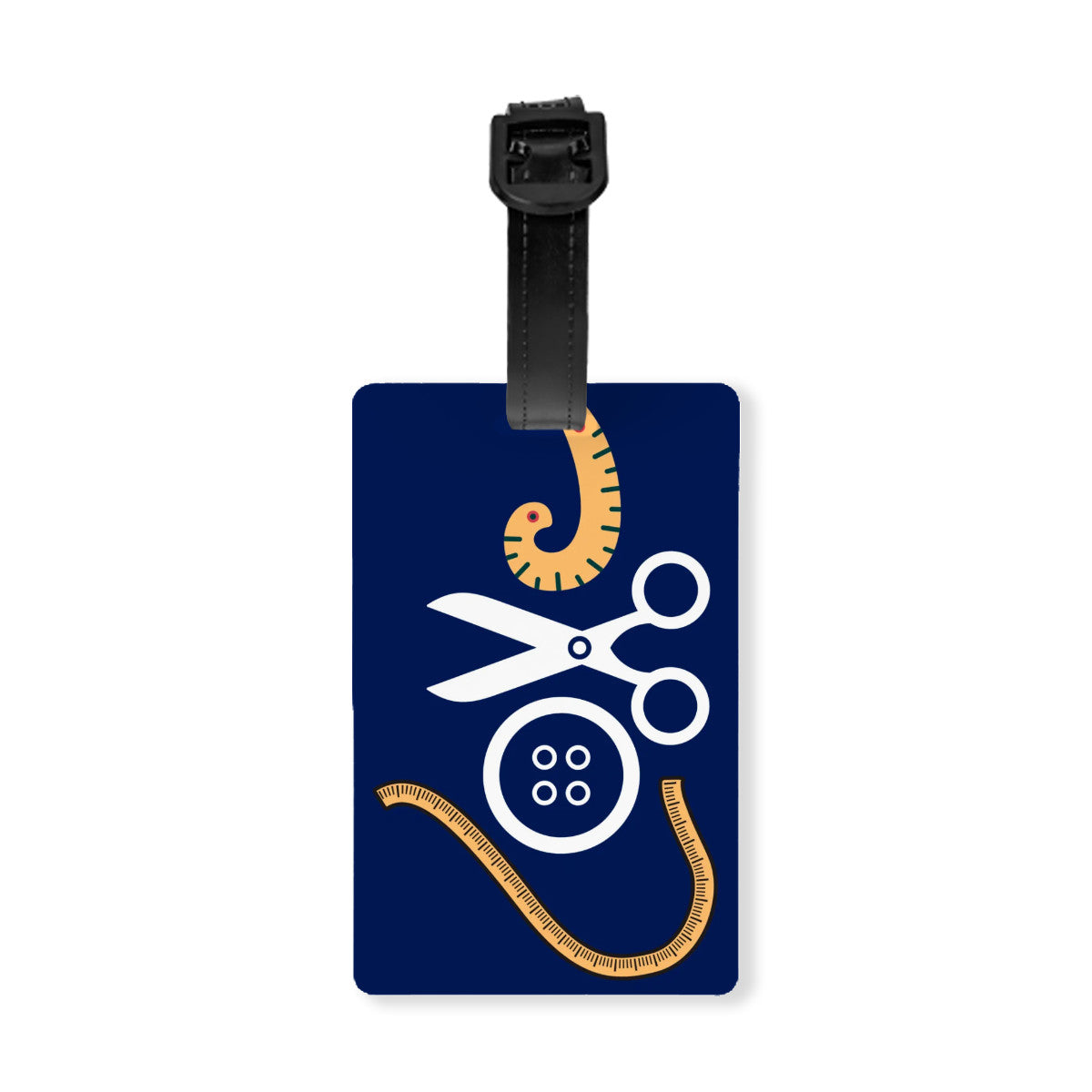 Navy Luggage Tag with "Love Sewing" design, the ideal gift for people who love to sew, cat lovers, and travelers.