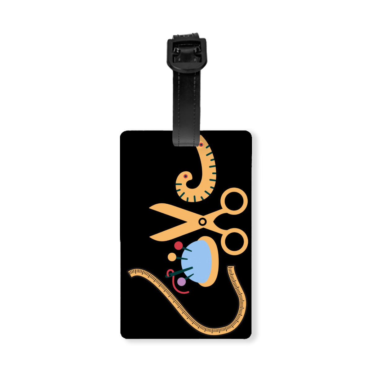 Black Luggage Tag with "Love Sewing" design, the ideal gift for people who love to sew, cat lovers, and travelers.