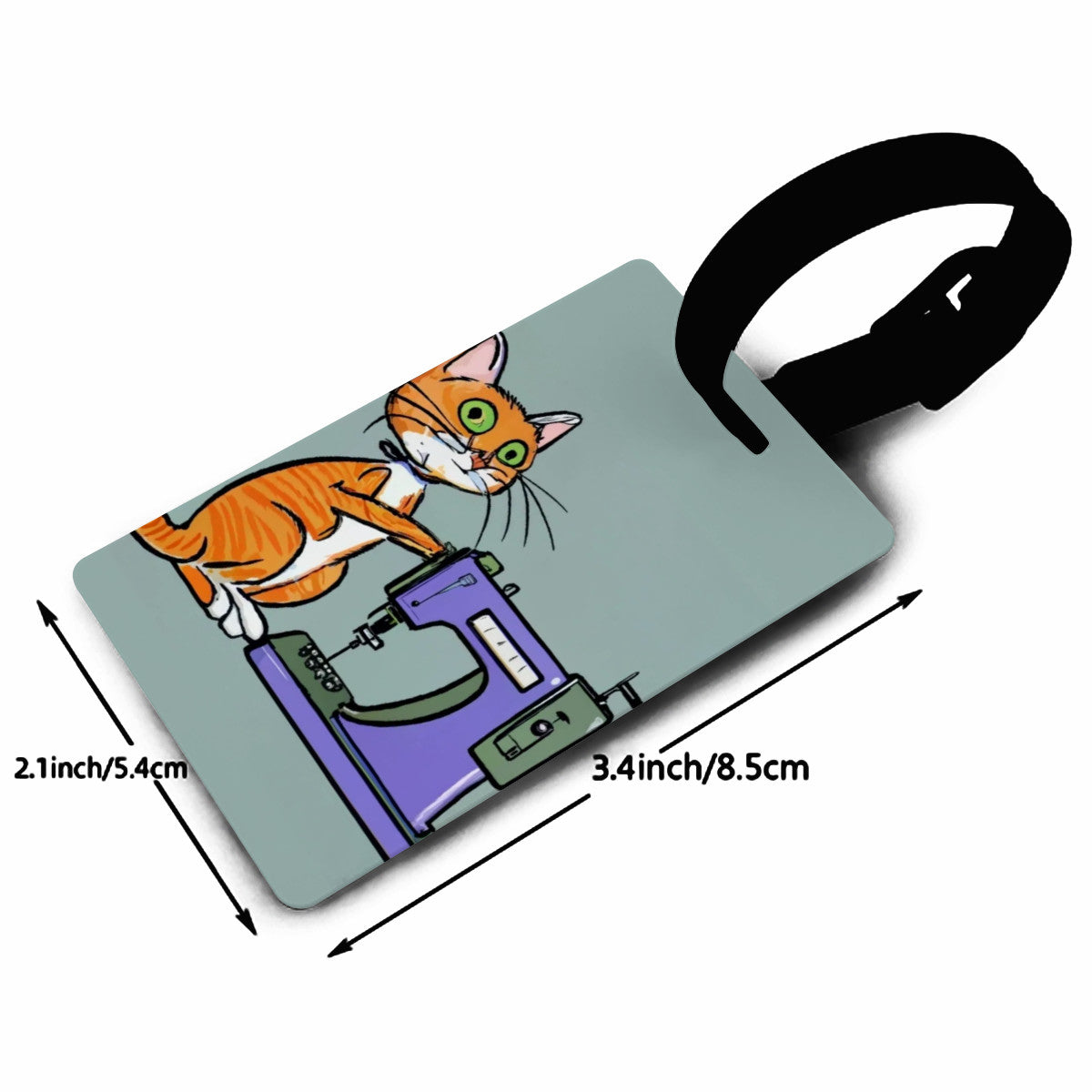 Luggage Tag with "Sewing Cat" design, the ideal gift for people who love to sew, cat lovers, and travelers.