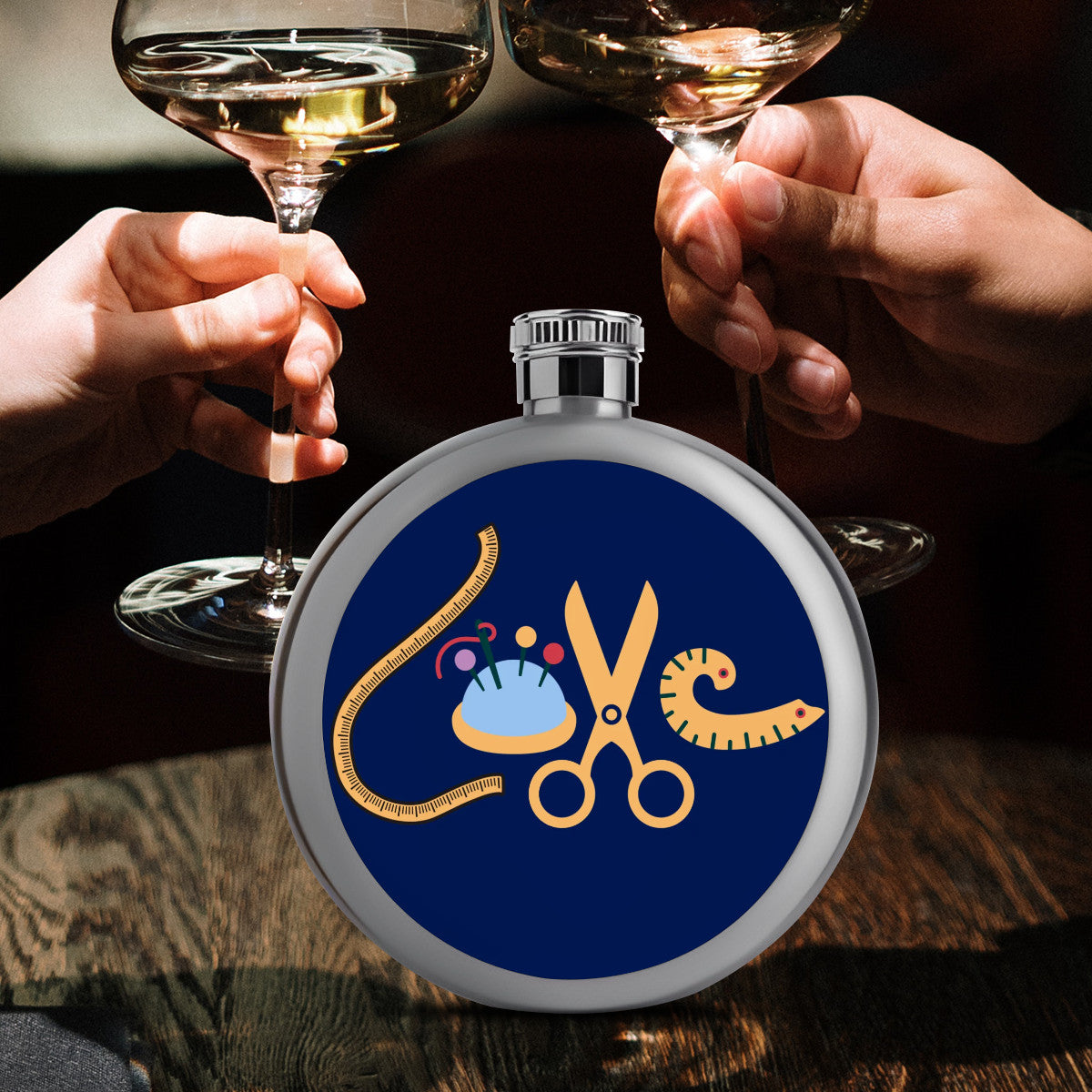 Navy Flask with "Love Sewing" design, the Perfect Gift for People who Love to Sew