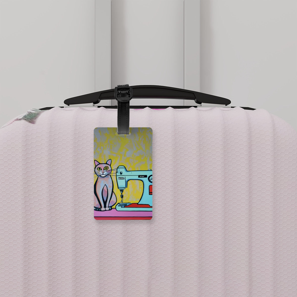 Luggage Tag with "Sewing Cat" design, the ideal gift for people who love to sew, cat lovers, and travelers.