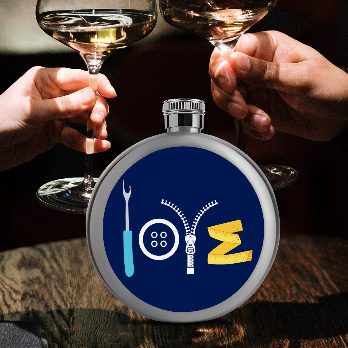 Navy Flask with "Love Sewing" design, the Perfect Gift for People who Love to Sew