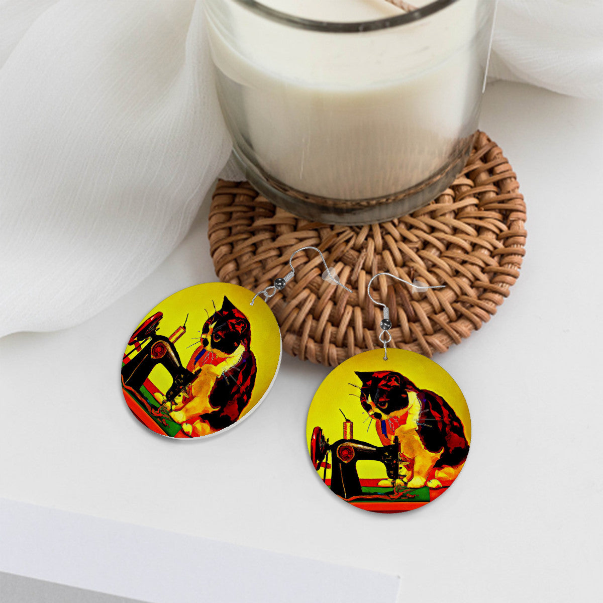 Circle Drop Earrings with "Sewing Cats" design – The Perfect Gift for People who Love to Sew