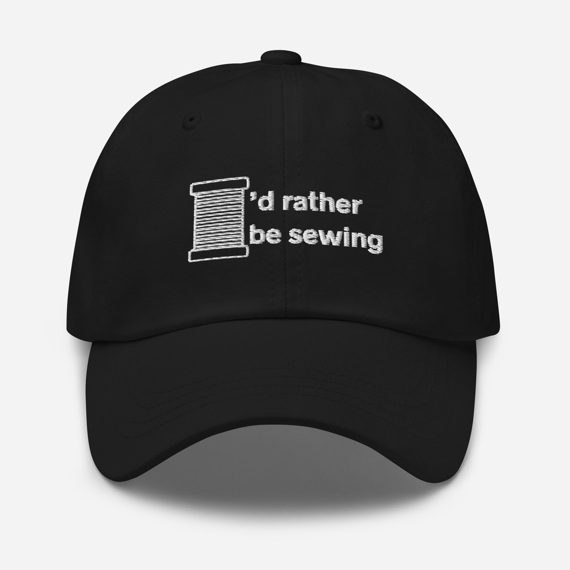 Black Cap with "I'd rather be sewing" design, the perfect gift for people who sew