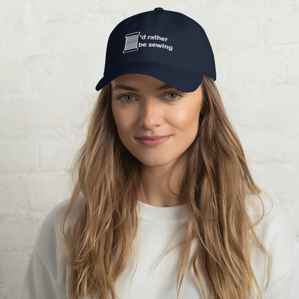 Navy Cap with "I'd rather be sewing" design, the perfect gift for people who sew