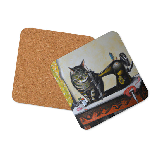 Cork-back Coaster with "Sewing Cat" Graphic - The Perfect Gift for People who Love to Sew