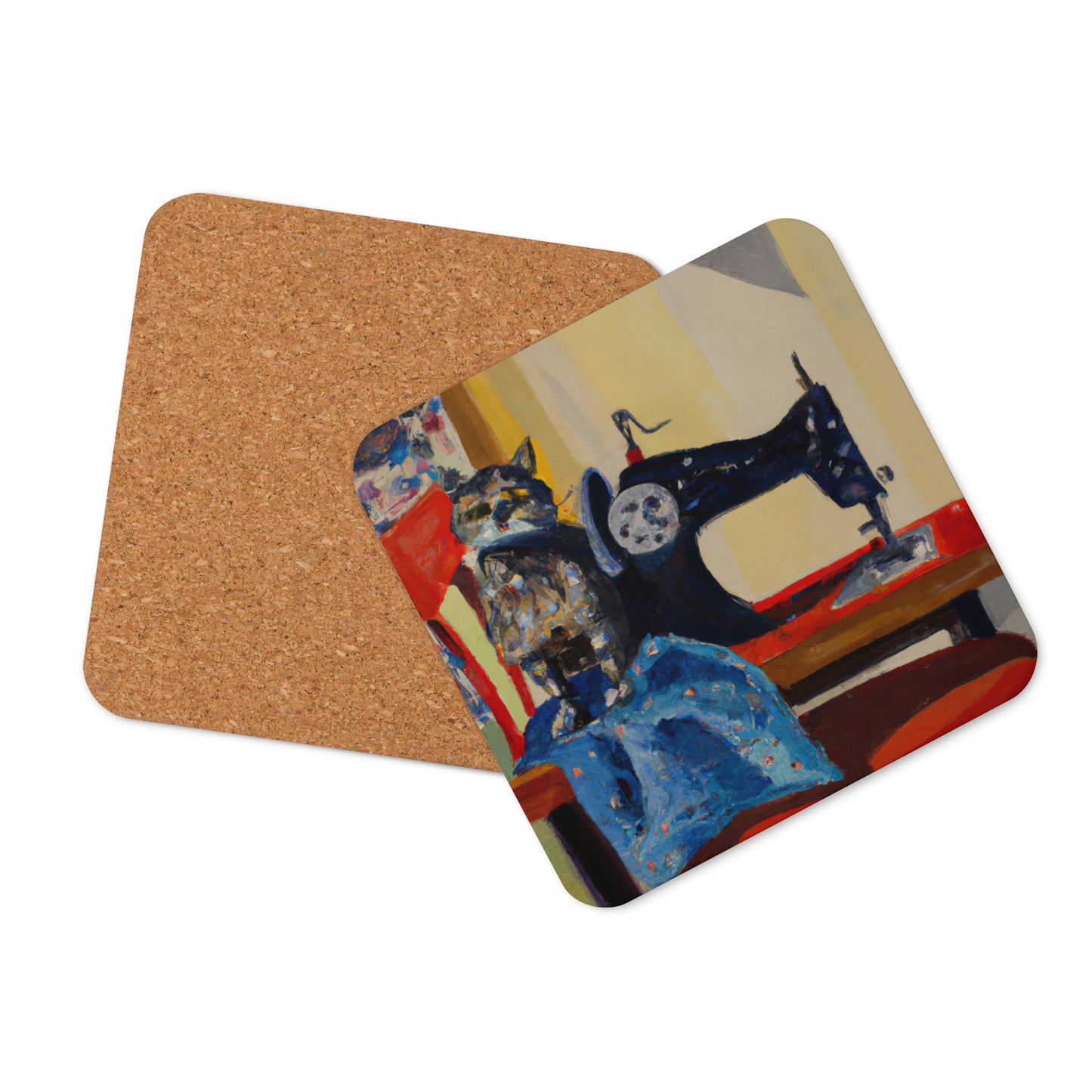 Cork-back Coaster with "Sewing Cat" Graphic - The Perfect Gift for People who Love to Sew