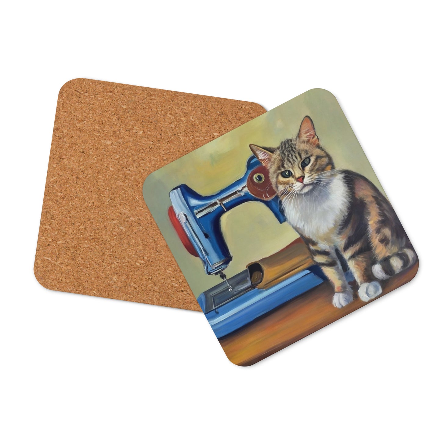 Cork-back Coaster with "Sewing Cat" Graphic - The Perfect Gift for People who Love to Sew