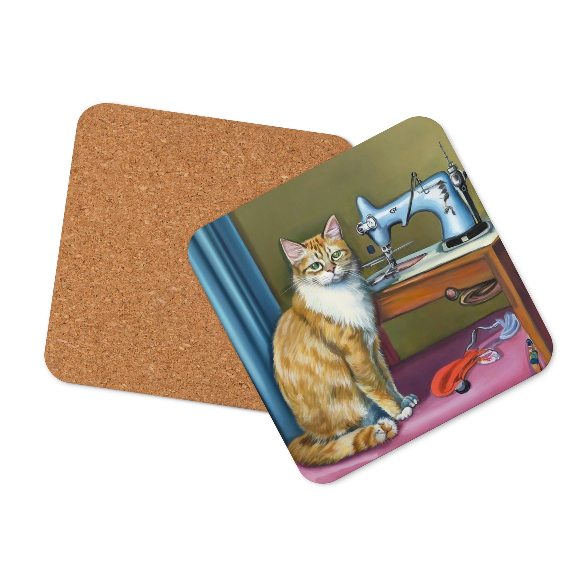 Cork-back Coaster with "Sewing Cat" Graphic - The Perfect Gift for People who Love to Sew