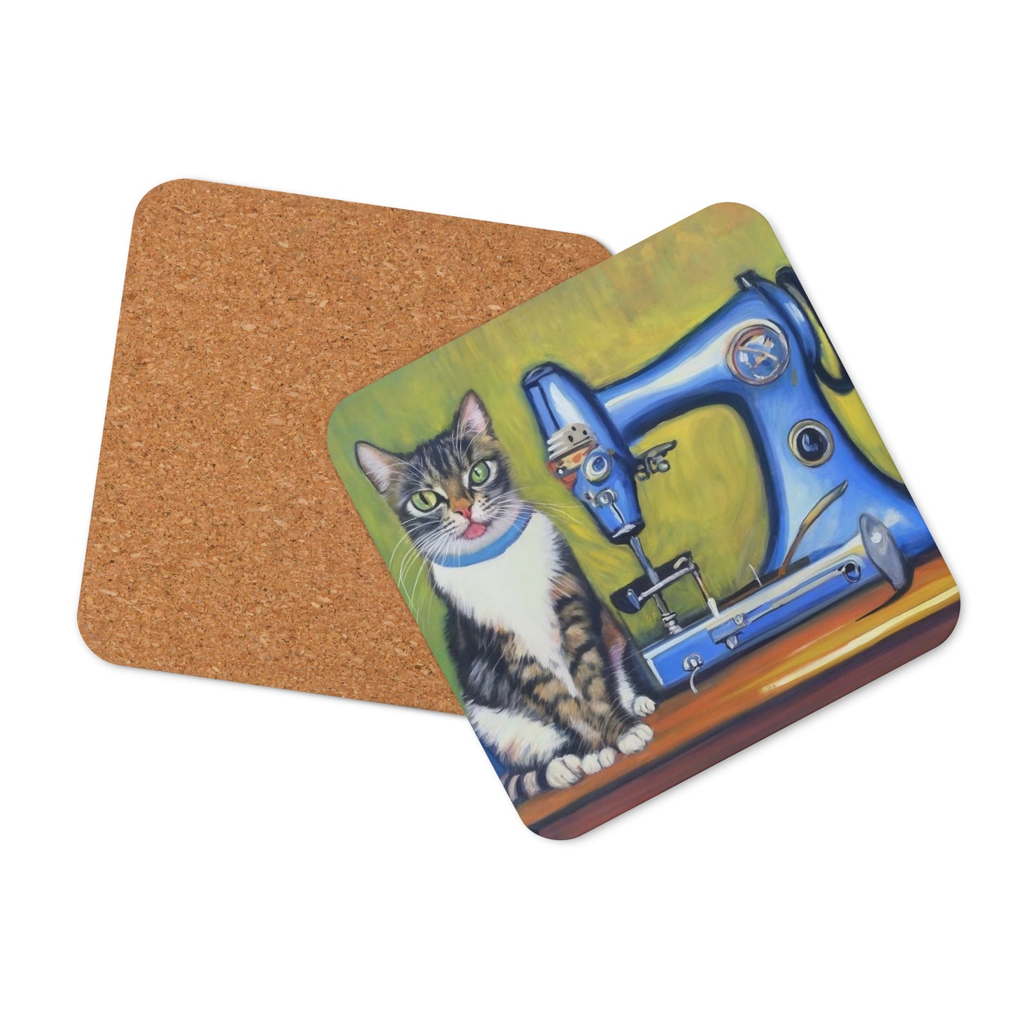 Cork-back Coaster with "Sewing Cat" Graphic - The Perfect Gift for People who Love to Sew