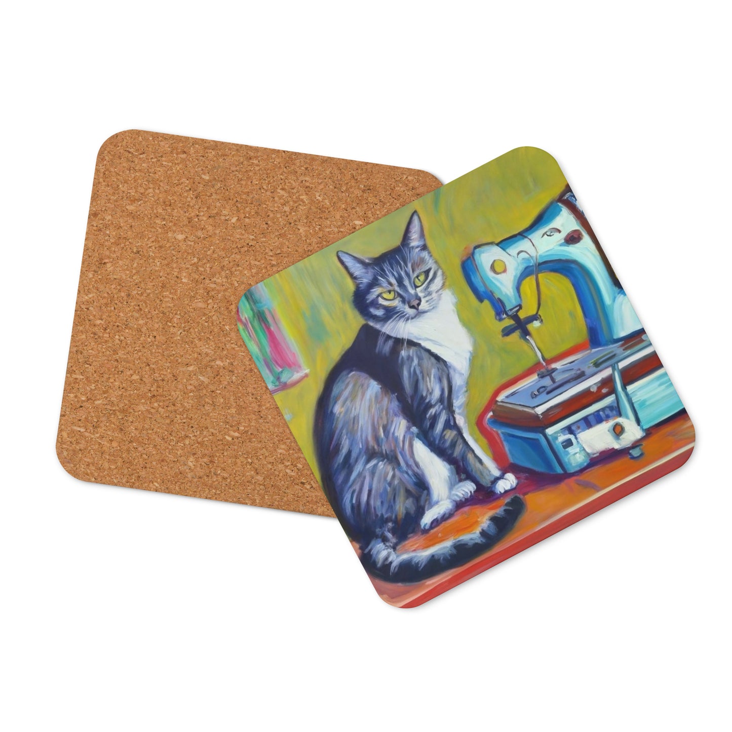 Cork-back Coaster with "Sewing Cat" Graphic - The Perfect Gift for People who Love to Sew