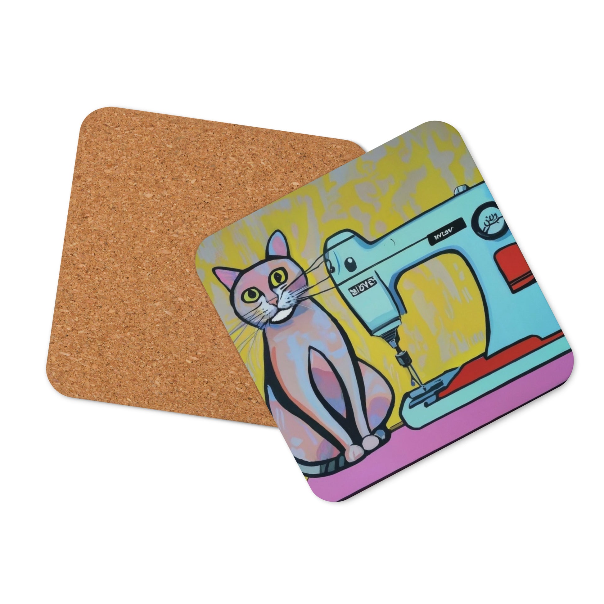 Cork-back Coaster with "Sewing Cat" Graphic - The Perfect Gift for People who Love to Sew