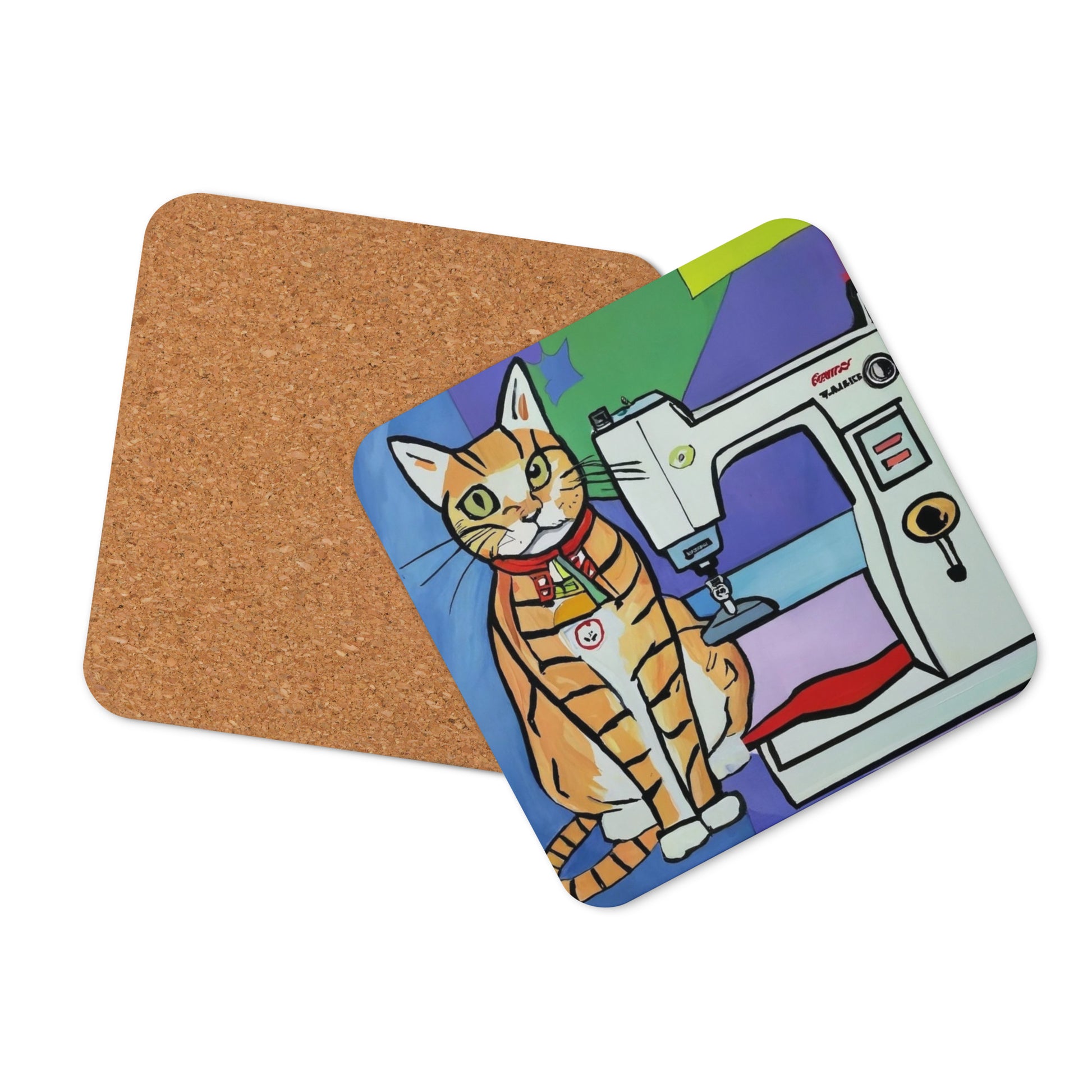 Cork-back Coaster with "Sewing Cat" Graphic - The Perfect Gift for People who Love to Sew