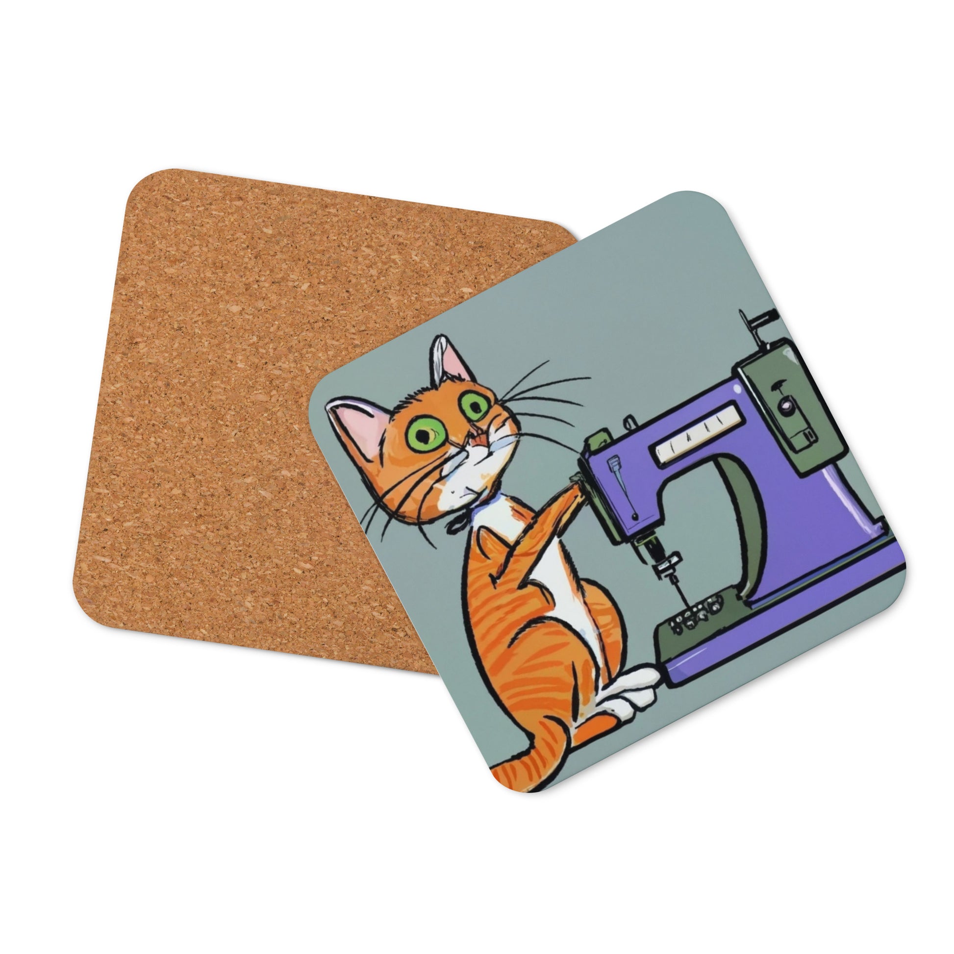 Cork-back Coaster with "Sewing Cat" Graphic - The Perfect Gift for People who Love to Sew