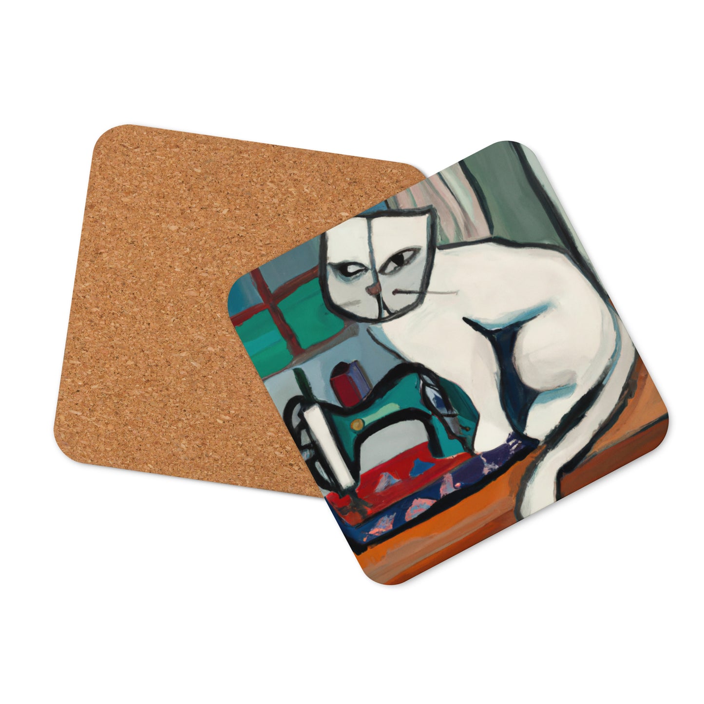 Cork-back Coaster with "Sewing Cat" Graphic - The Perfect Gift for People who Love to Sew