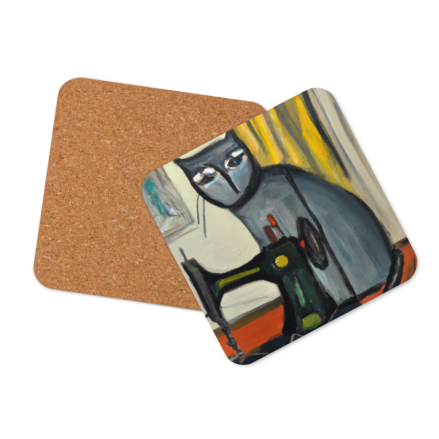 Cork-back Coaster with "Sewing Cat" Graphic - The Perfect Gift for People who Love to Sew