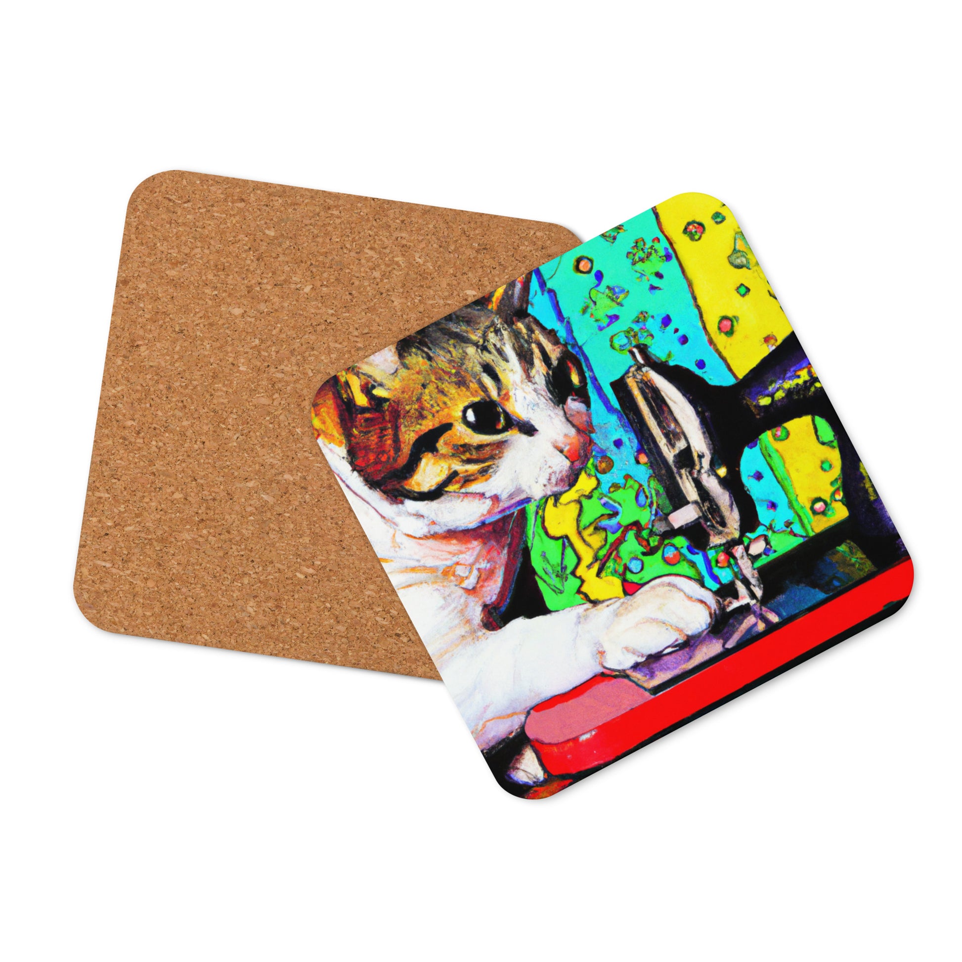 Cork-back Coaster with "Sewing Cat" Graphic - The Perfect Gift for People who Love to Sew