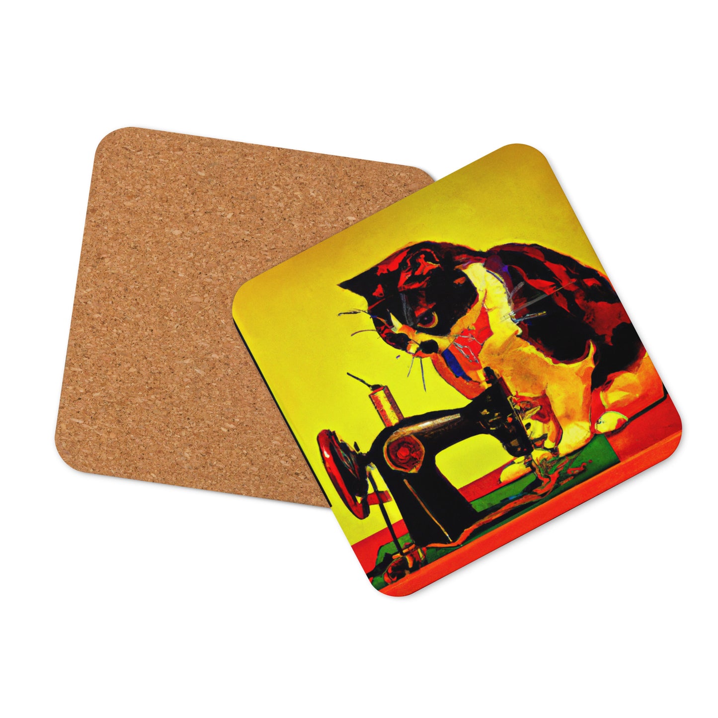 Cork-back Coaster with "Sewing Cat" Graphic - The Perfect Gift for People who Love to Sew