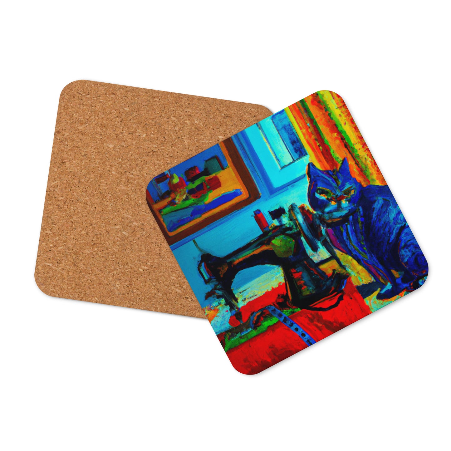 Cork-back Coaster with "Sewing Cat" Graphic - The Perfect Gift for People who Love to Sew