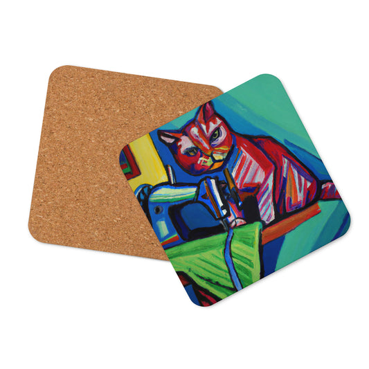 Cork-back Coaster with "Sewing Cat" Graphic - The Perfect Gift for People who Love to Sew