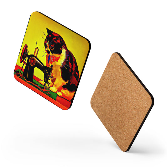 Cork-back Coaster with "Sewing Cat" Graphic - The Perfect Gift for People who Love to Sew