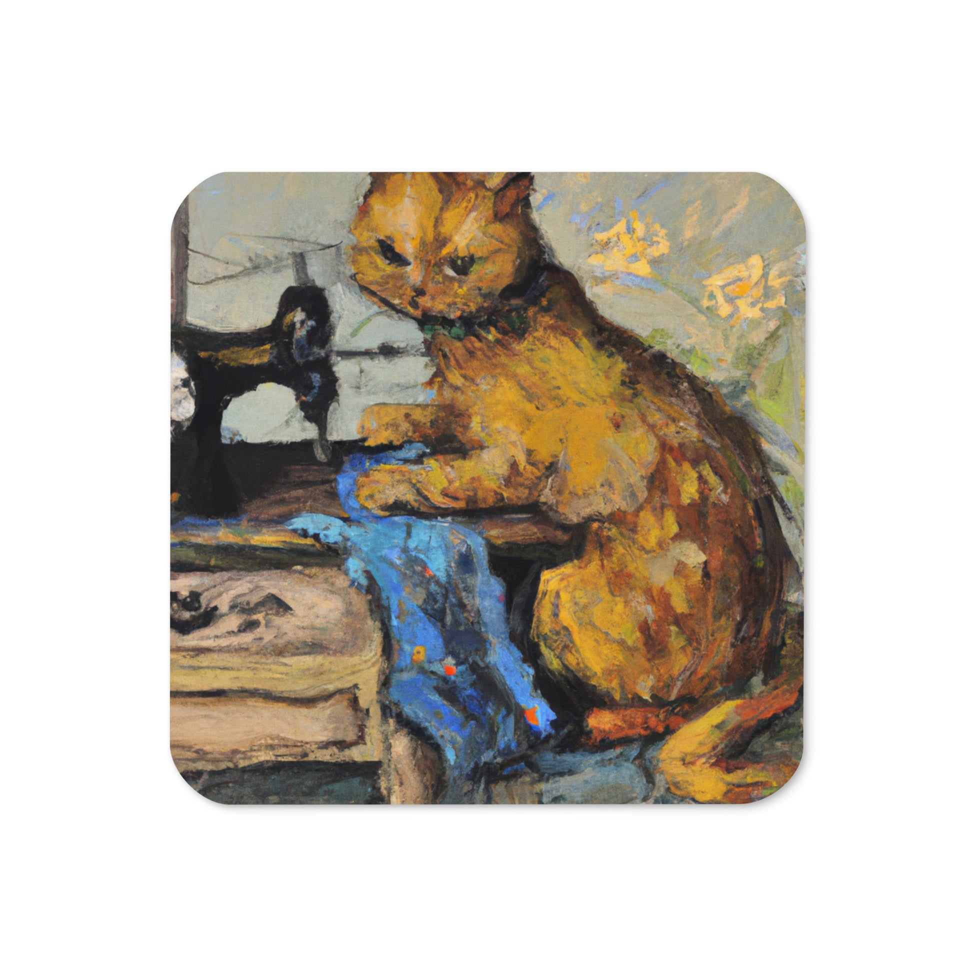 Cork-back Coaster with "Sewing Cat" Graphic - The Perfect Gift for People who Love to Sew