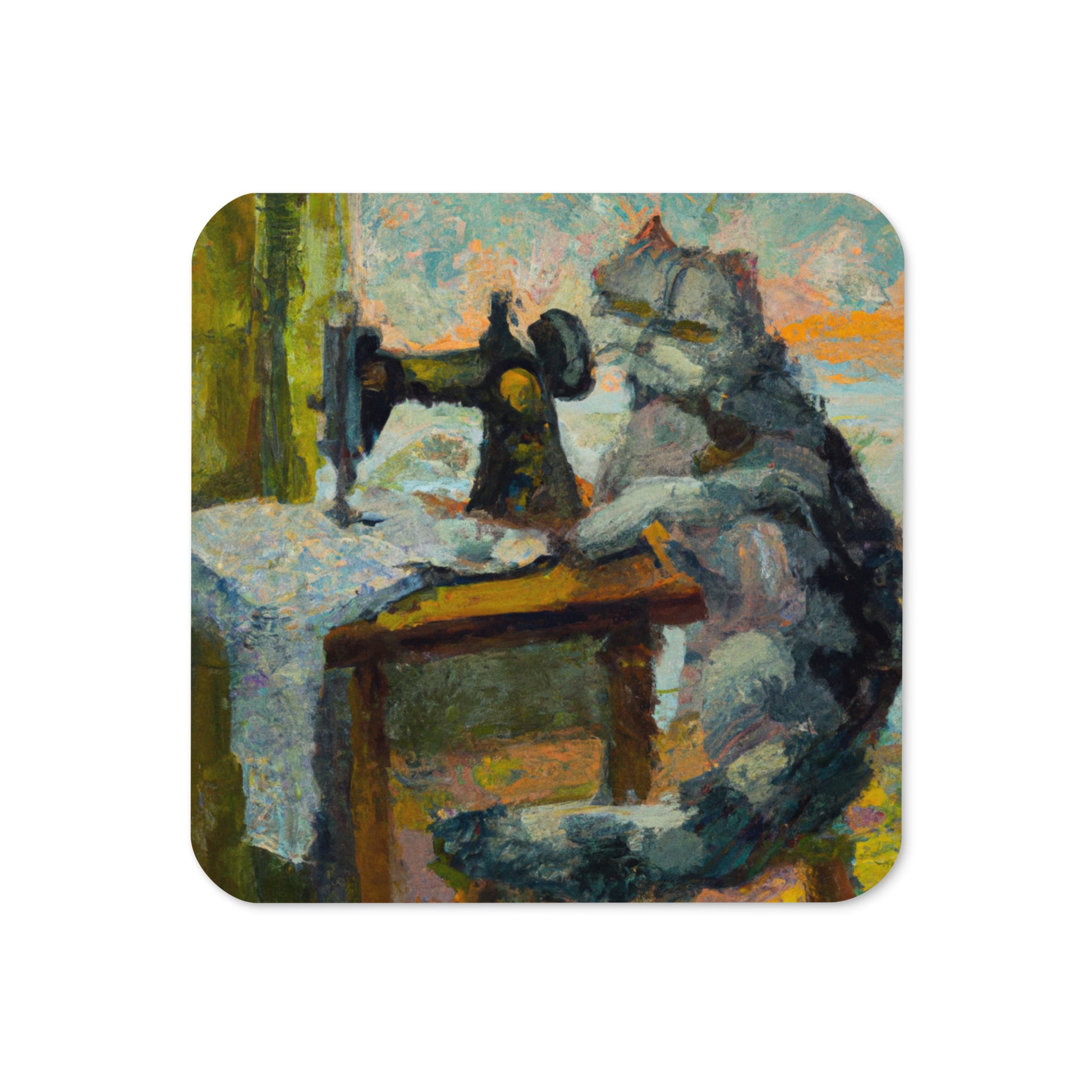 Cork-back Coaster with "Sewing Cat" Graphic - The Perfect Gift for People who Love to Sew