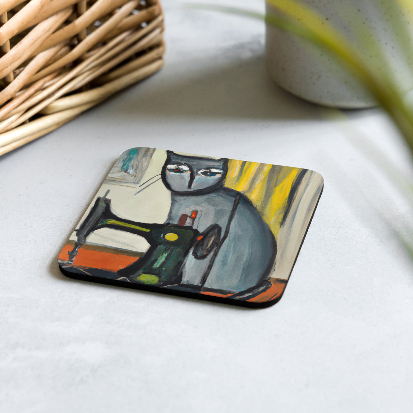 Cork-back Coaster with "Sewing Cat" Graphic - The Perfect Gift for People who Love to Sew