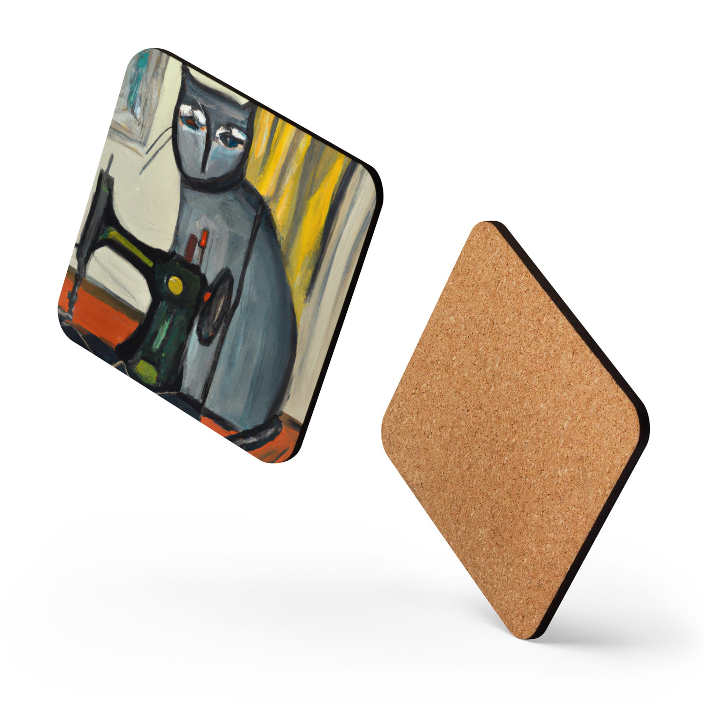 Cork-back Coaster with "Sewing Cat" Graphic - The Perfect Gift for People who Love to Sew