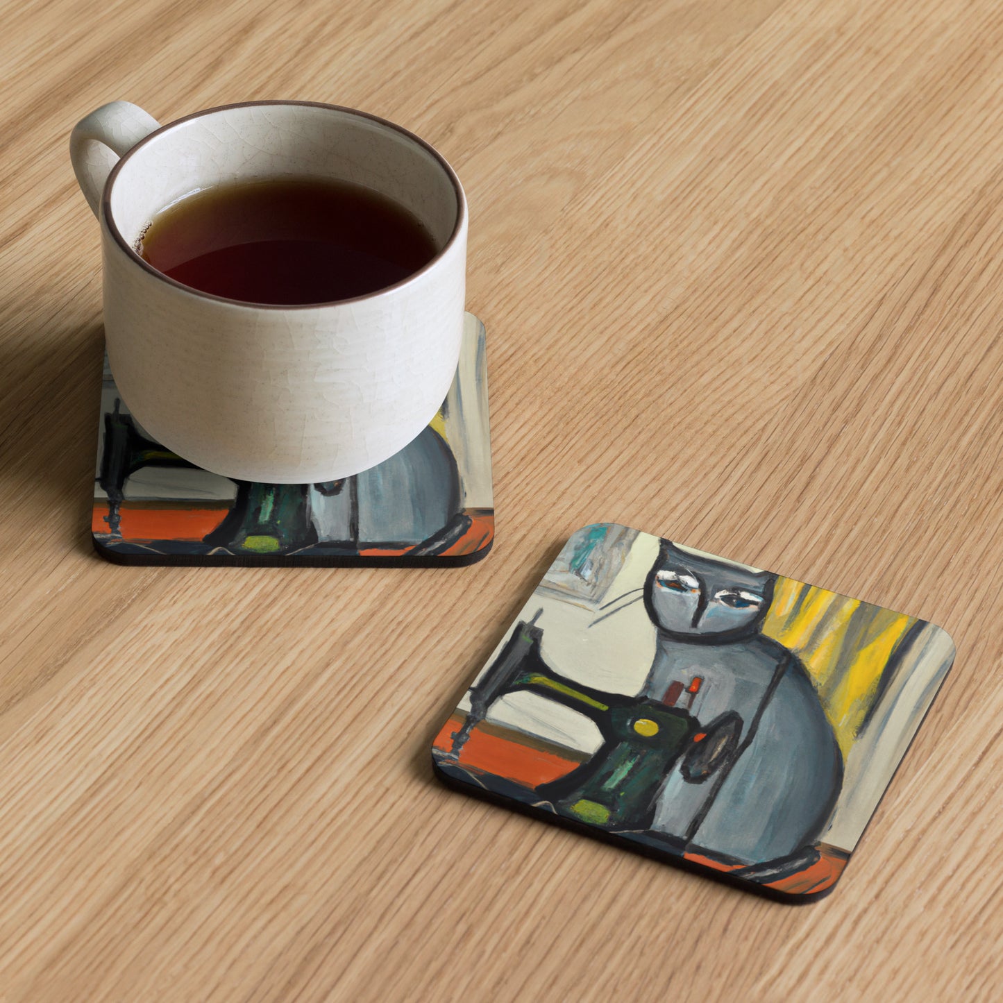 Cork-back Coaster with "Sewing Cat" Graphic - The Perfect Gift for People who Love to Sew