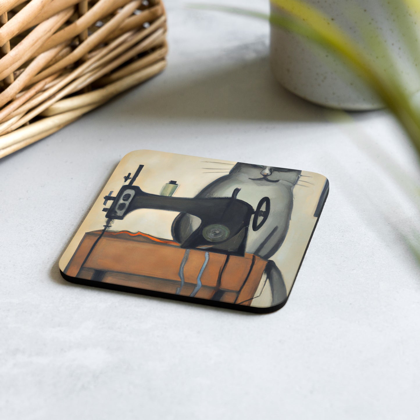 Cork-back Coaster with "Sewing Cat" Graphic - The Perfect Gift for People who Love to Sew