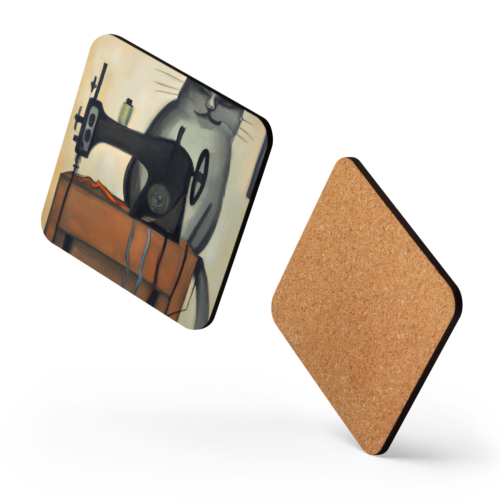 Cork-back Coaster with "Sewing Cat" Graphic - The Perfect Gift for People who Love to Sew