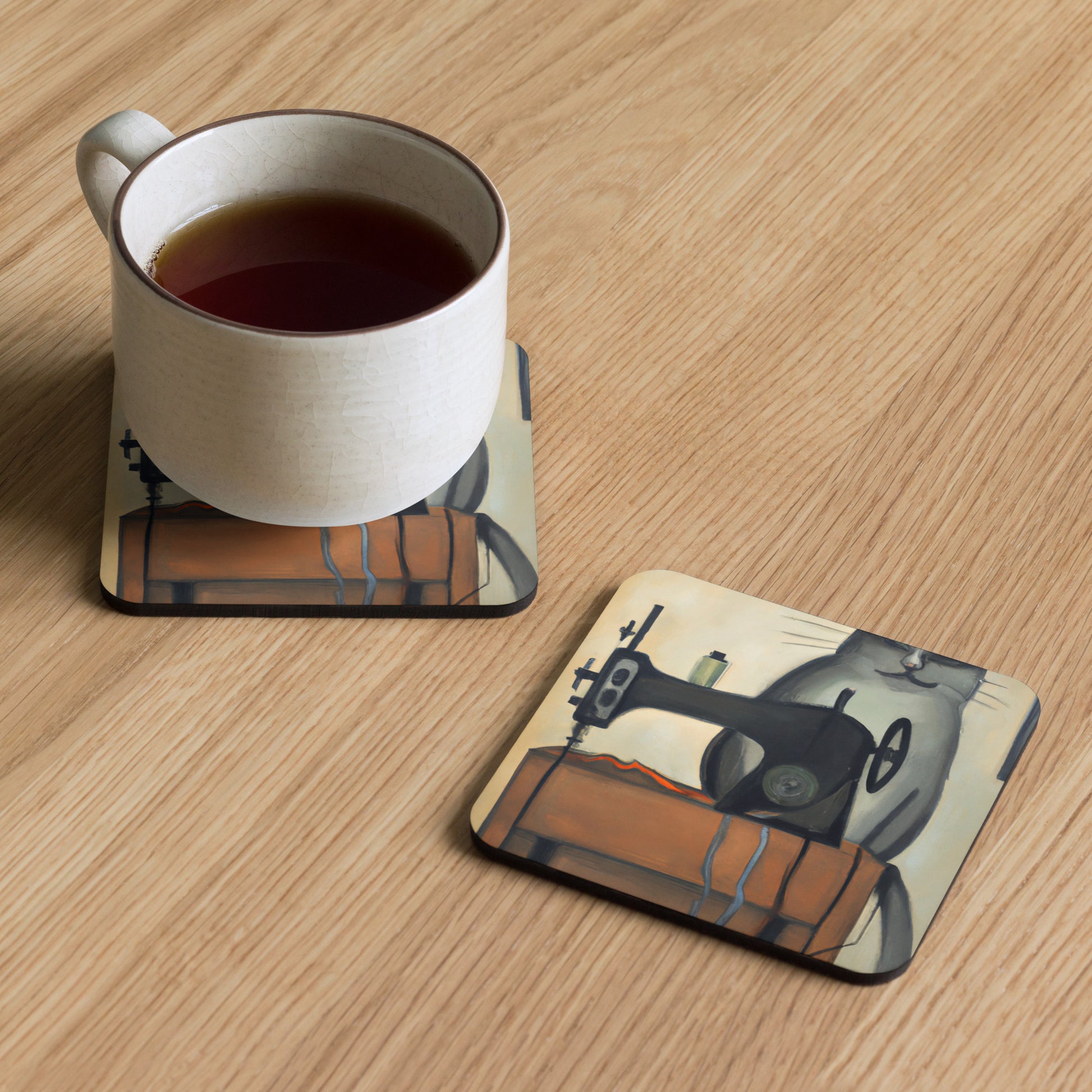 Cork-back Coaster with "Sewing Cat" Graphic - The Perfect Gift for People who Love to Sew