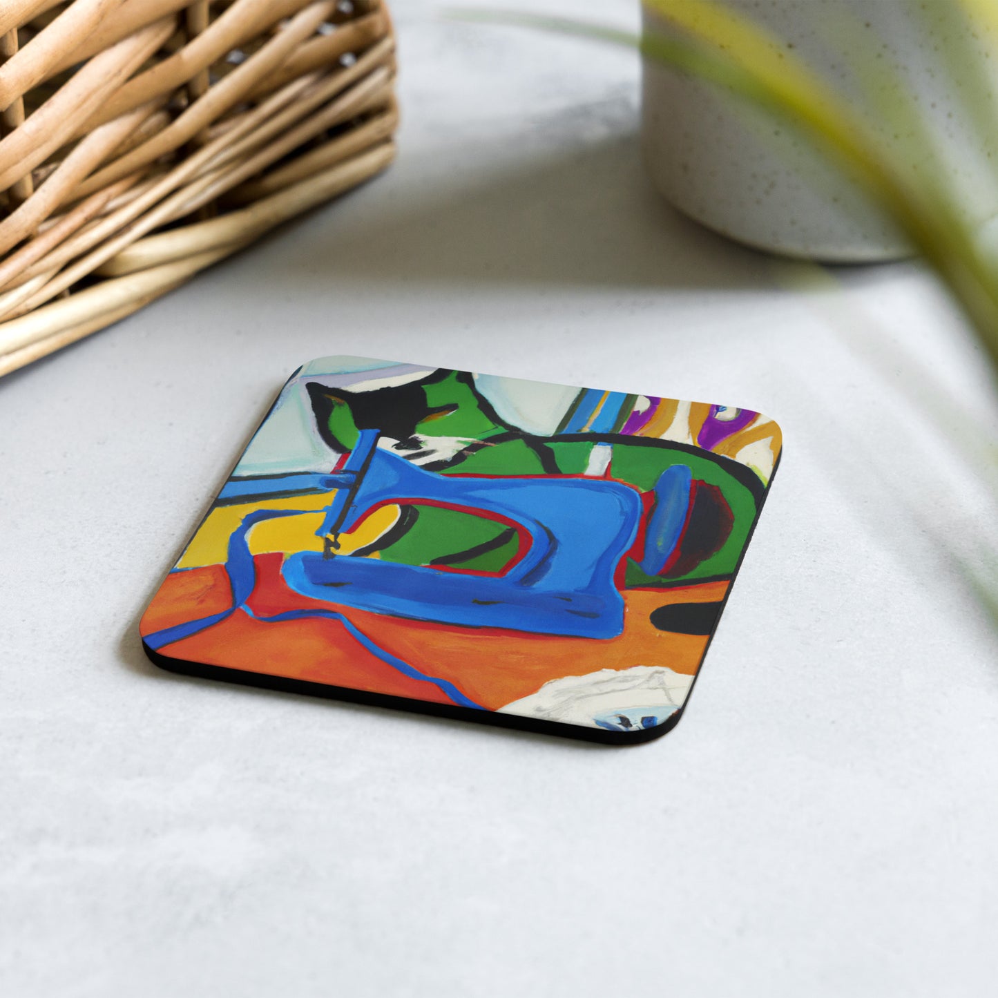 Cork-back Coaster with "Sewing Cat" Graphic - The Perfect Gift for People who Love to Sew