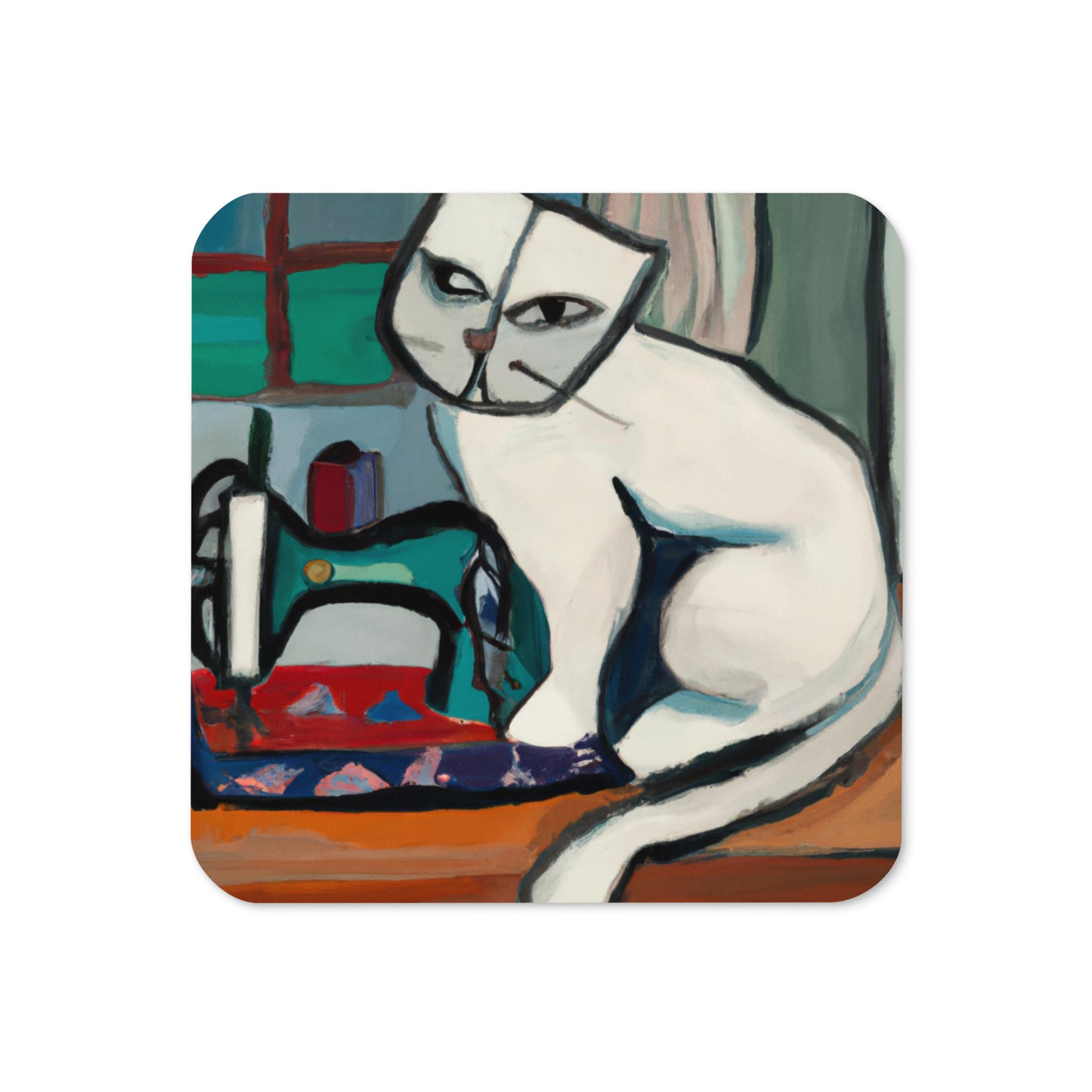 Cork-back Coaster with "Sewing Cat" Graphic - The Perfect Gift for People who Love to Sew