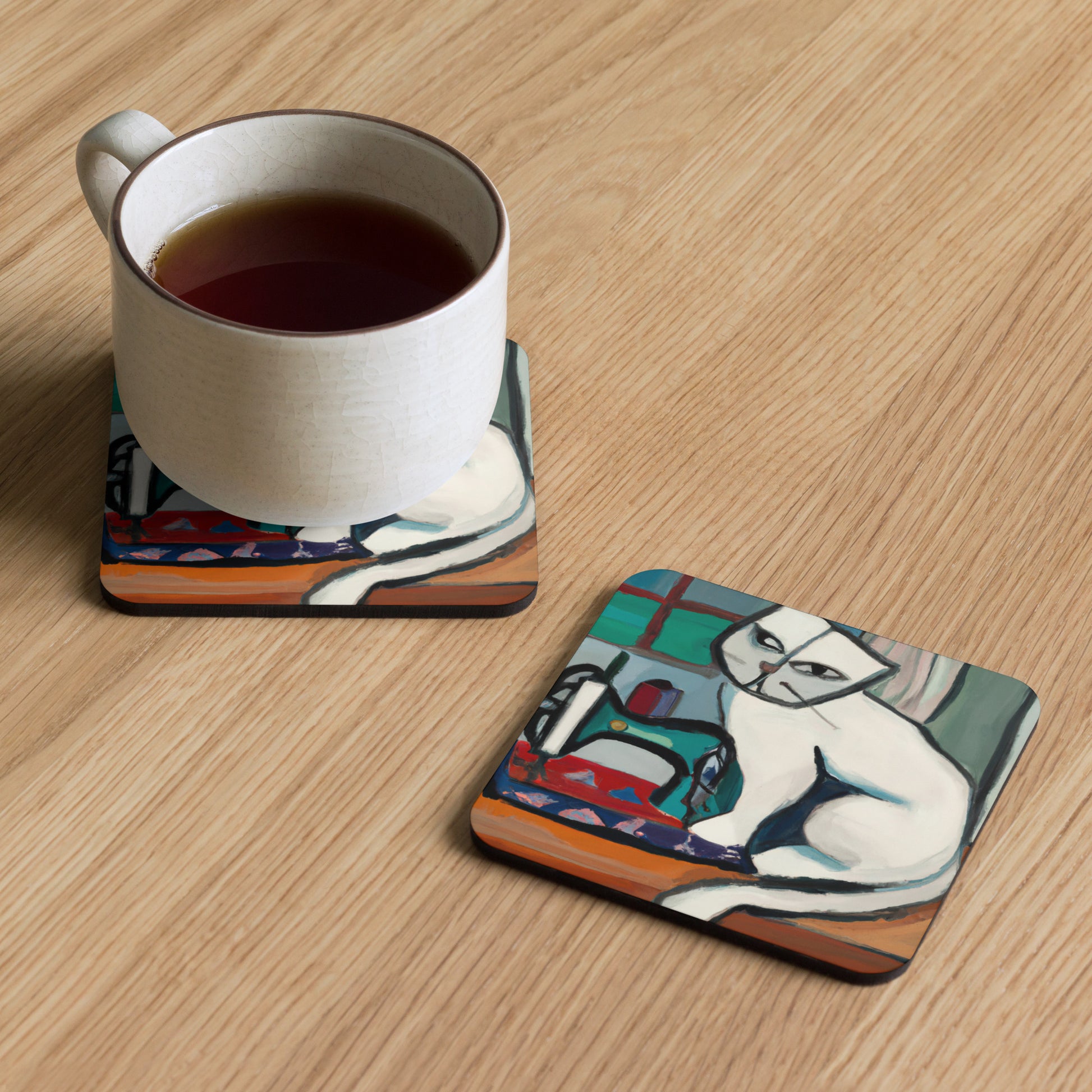 Cork-back Coaster with "Sewing Cat" Graphic - The Perfect Gift for People who Love to Sew