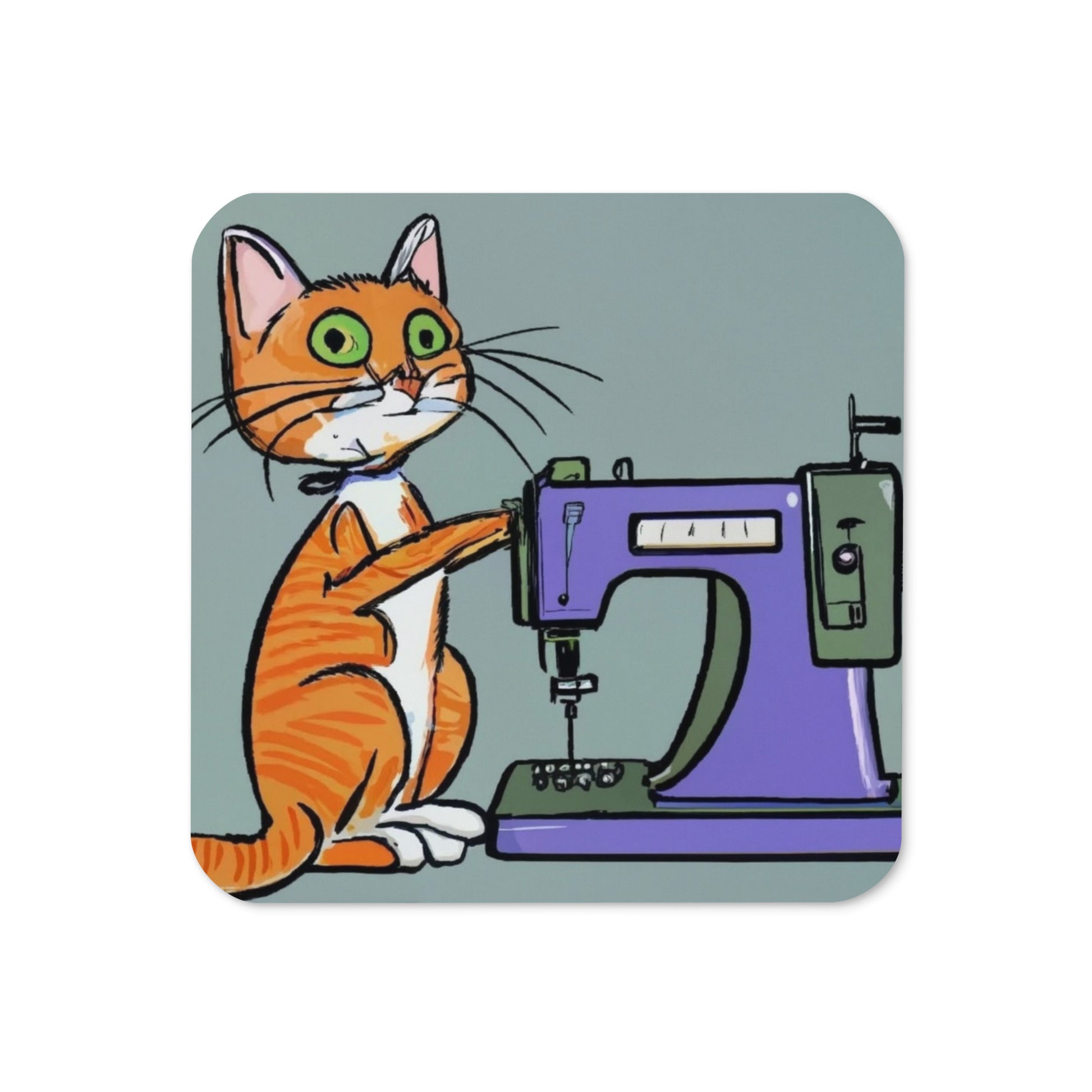 Cork-back Coaster with "Sewing Cat" Graphic - The Perfect Gift for People who Love to Sew