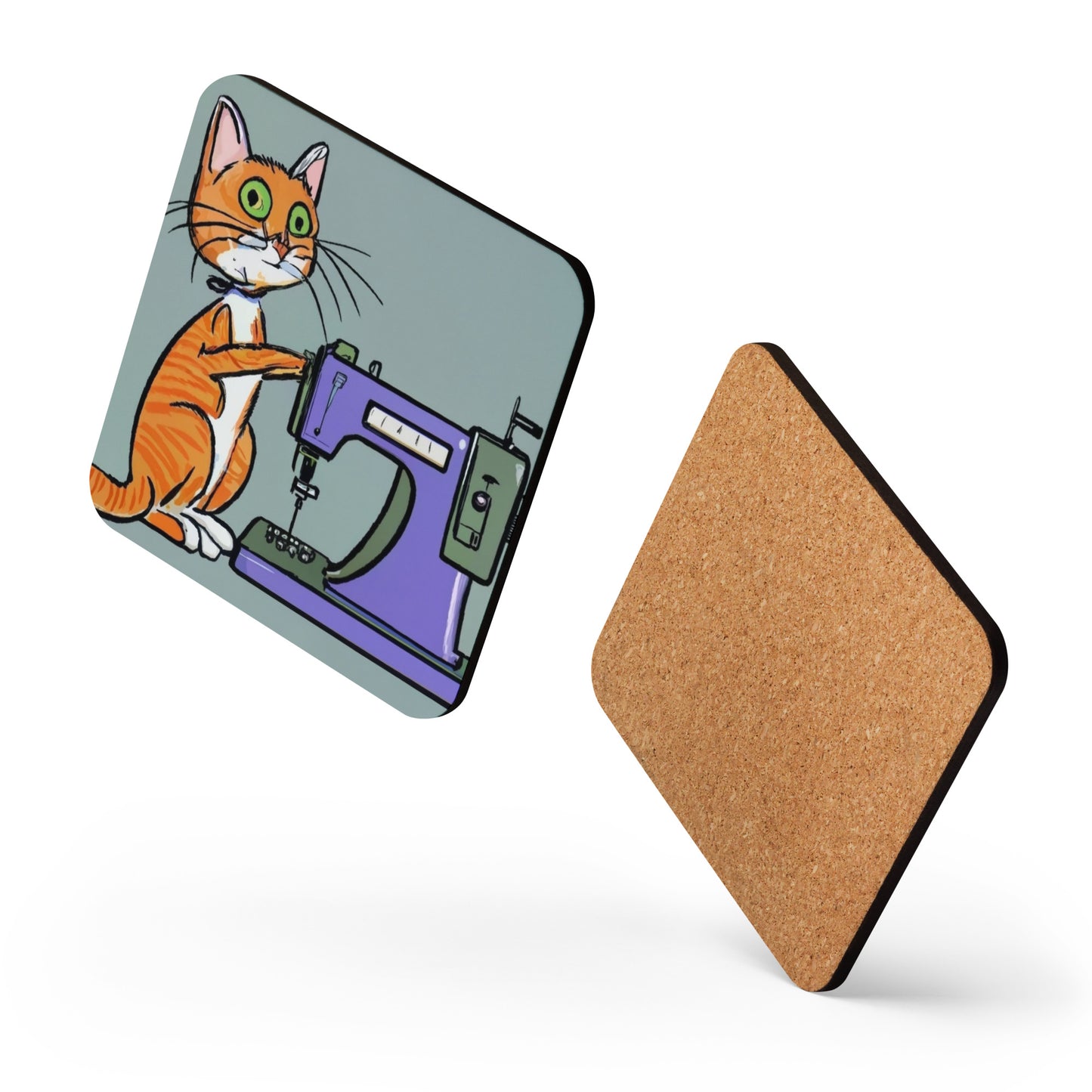 Cork-back Coaster with "Sewing Cat" Graphic - The Perfect Gift for People who Love to Sew