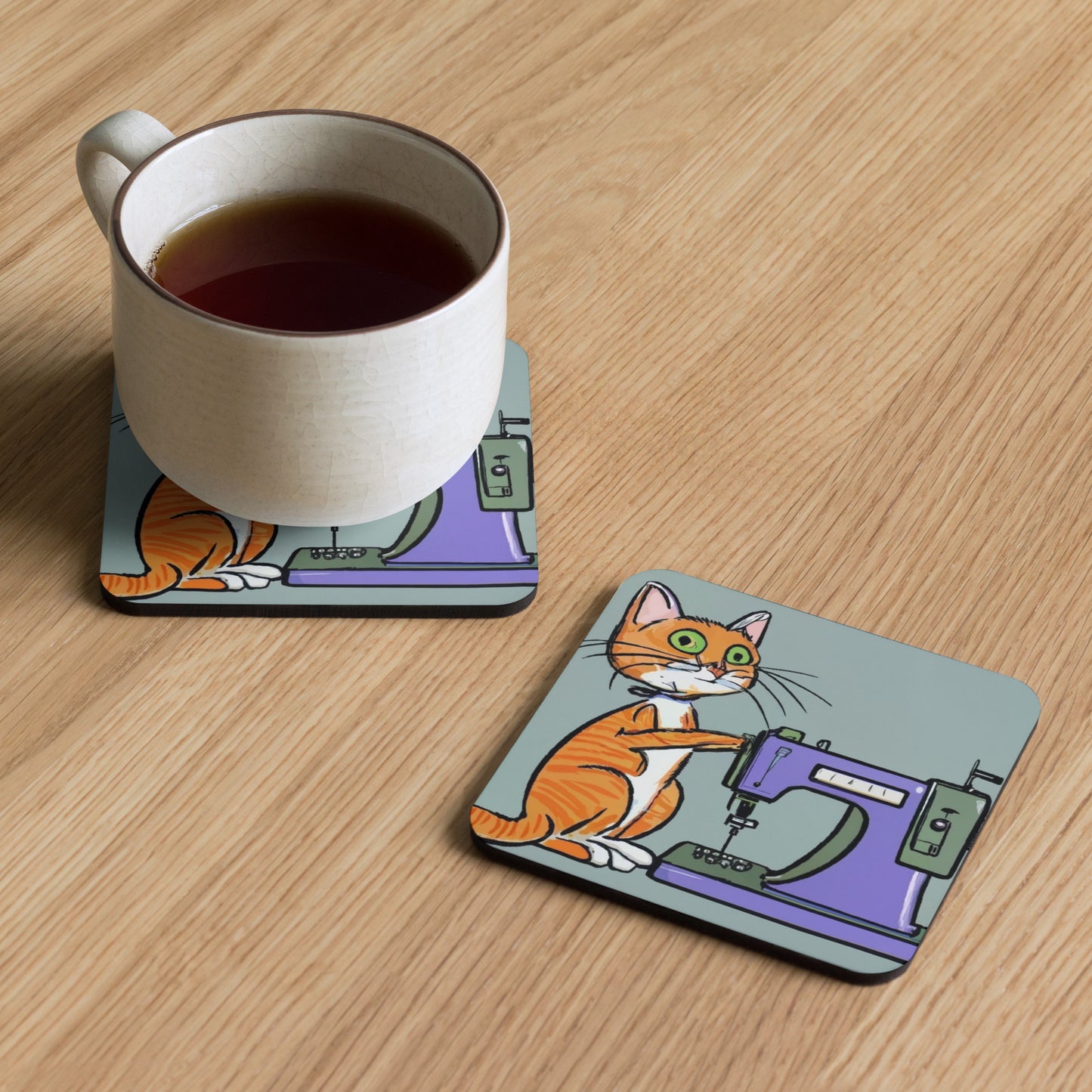 Cork-back Coaster with "Sewing Cat" Graphic - The Perfect Gift for People who Love to Sew