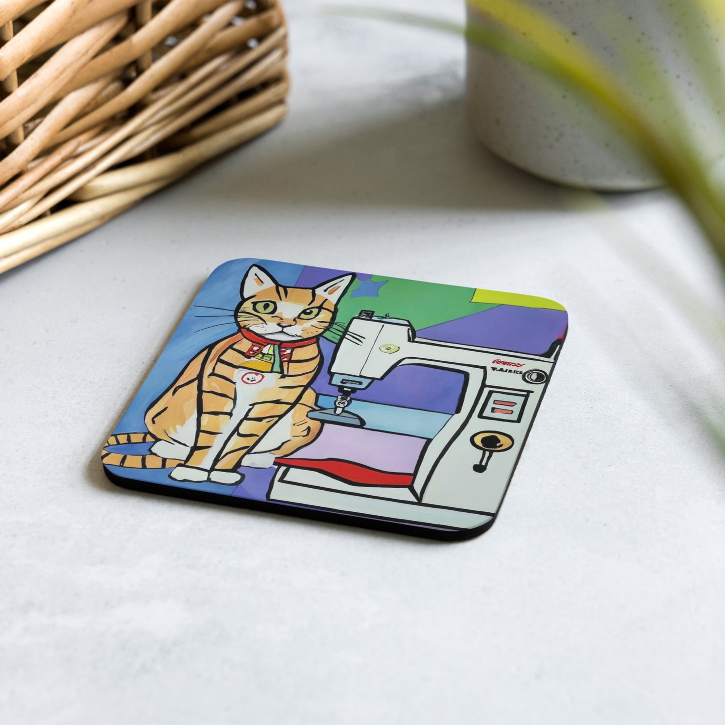 Cork-back Coaster with "Sewing Cat" Graphic - The Perfect Gift for People who Love to Sew