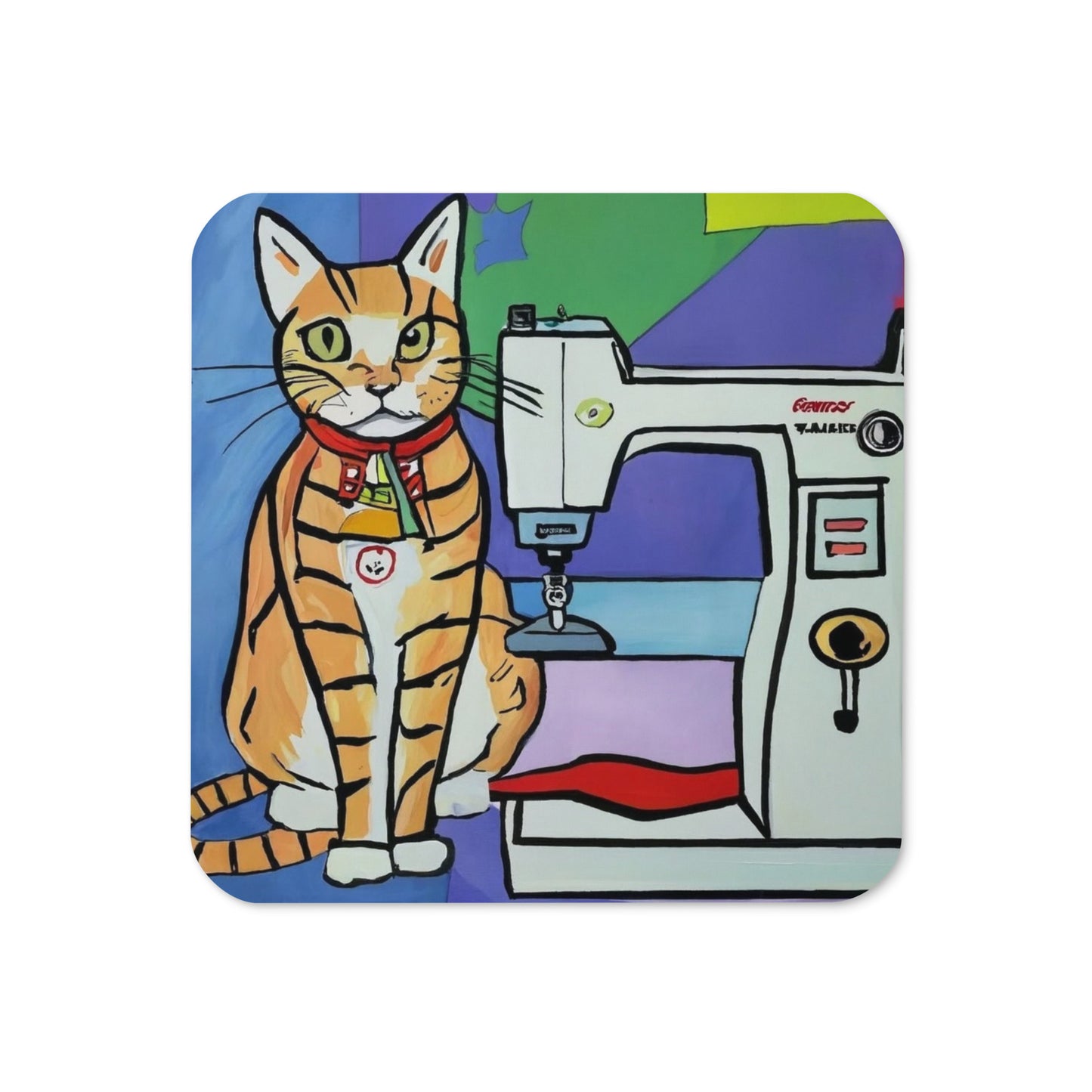 Cork-back Coaster with "Sewing Cat" Graphic - The Perfect Gift for People who Love to Sew