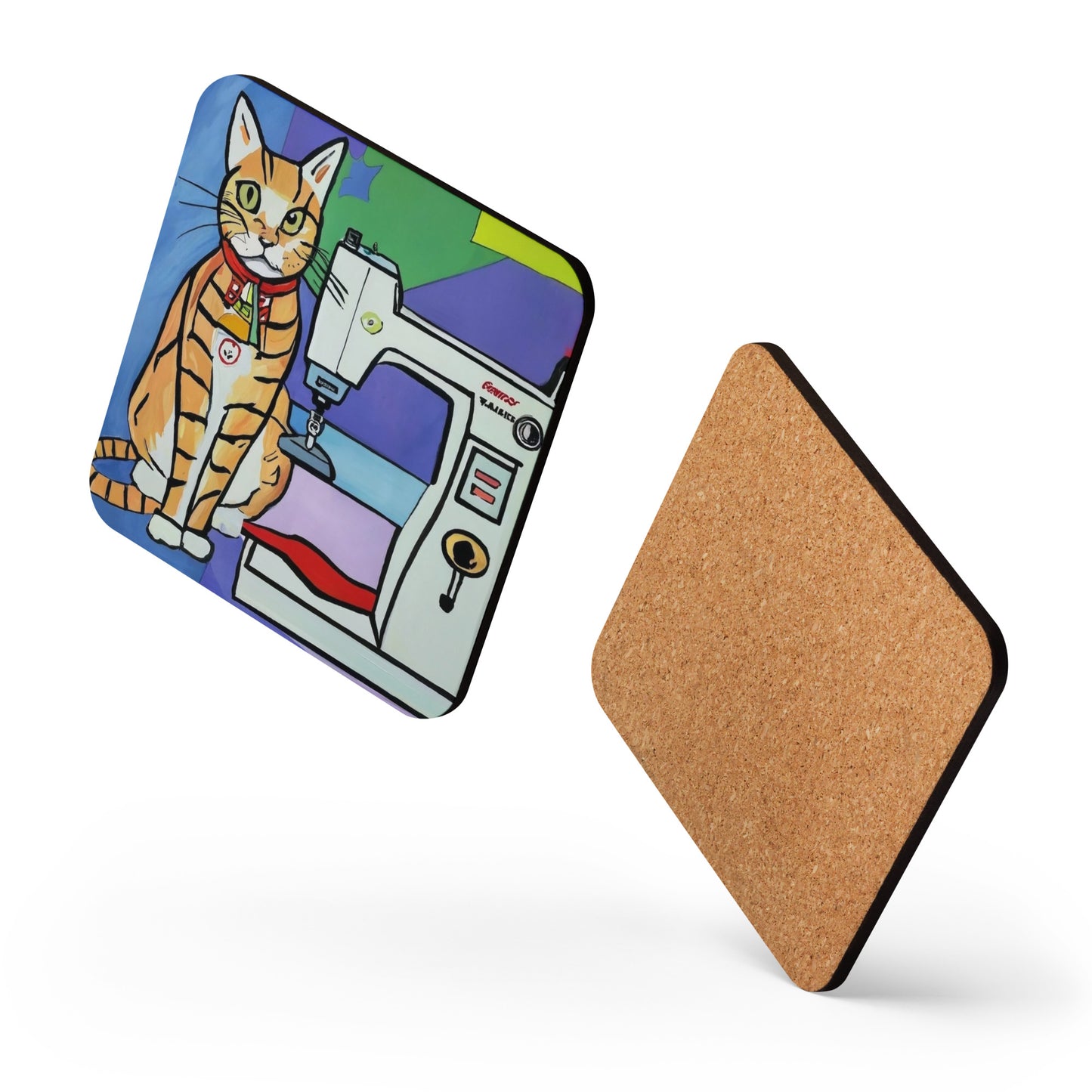 Cork-back Coaster with "Sewing Cat" Graphic - The Perfect Gift for People who Love to Sew